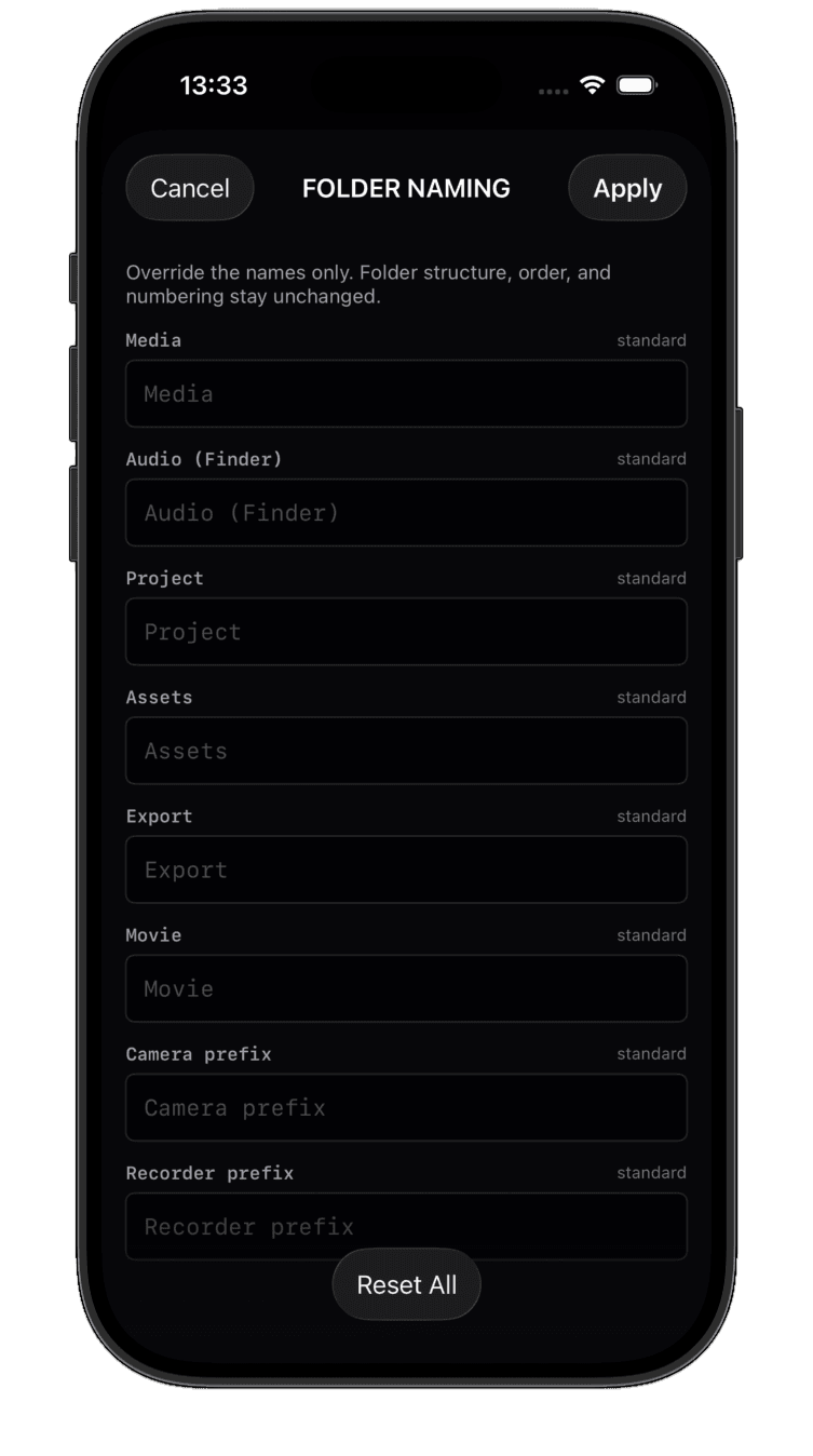 FrameBase on iPhone — Folder Naming settings