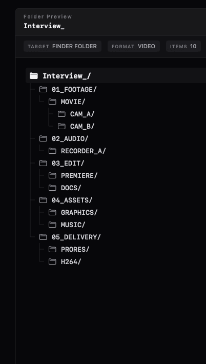 FrameBase on Mac — folder structure preview with custom naming applied