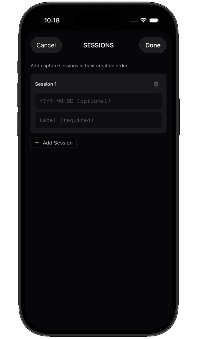 FrameBase — entering the date and label for a Session