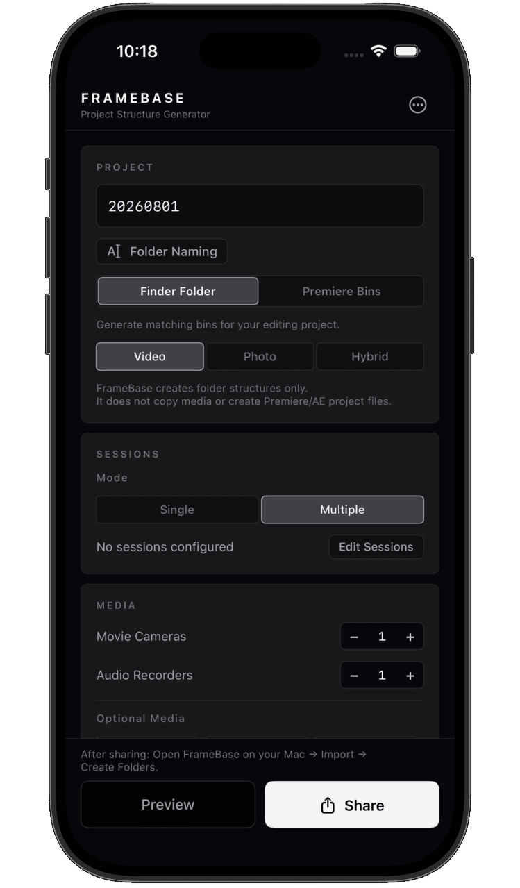FrameBase — project setup with Sessions mode selected